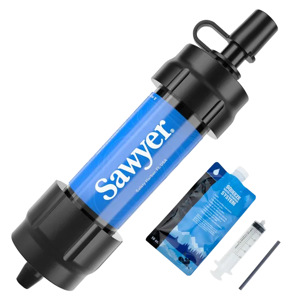Sawyer MINI SP128 waterfilter in blauw met squeeze pouch en drinkrietje